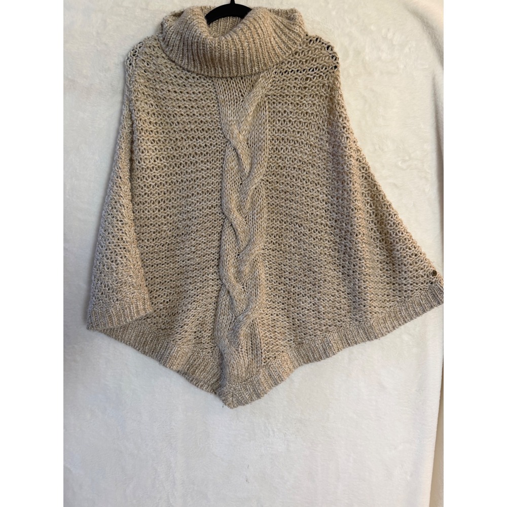 Eddie Bauer Womens M/L Cable Knit Poncho Sweater Turtleneck Wool Blend Beige